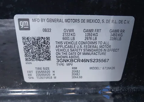 2022 Chevrolet Blazer Fwd 2Lt из США, поврежденный, VIN 3GNKBCR46NS235567